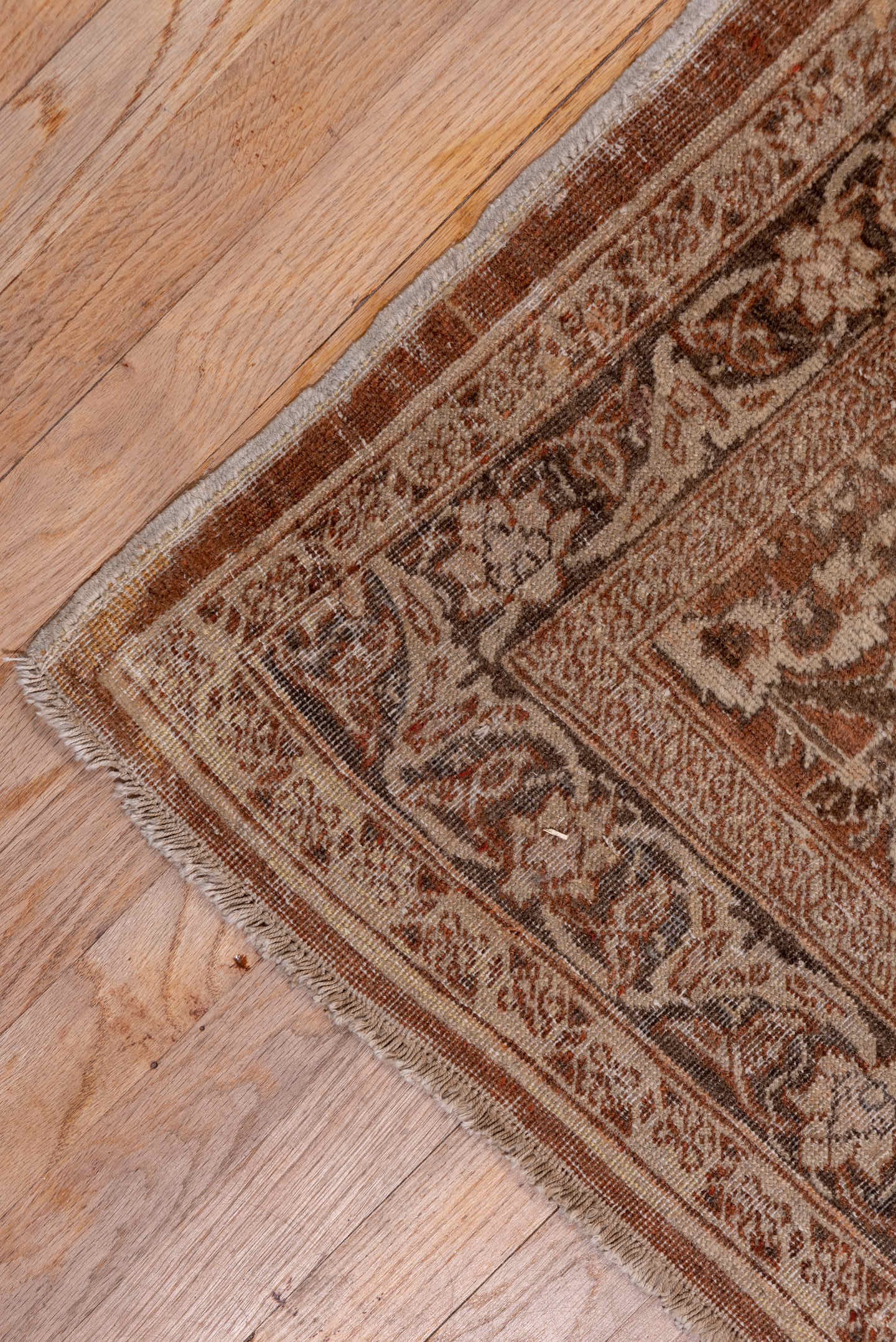 9' x 12' one-of-a-kind handmade antique Tabriz large size rug. Color palette: camel, taupe, brown, ivory, beige, gray