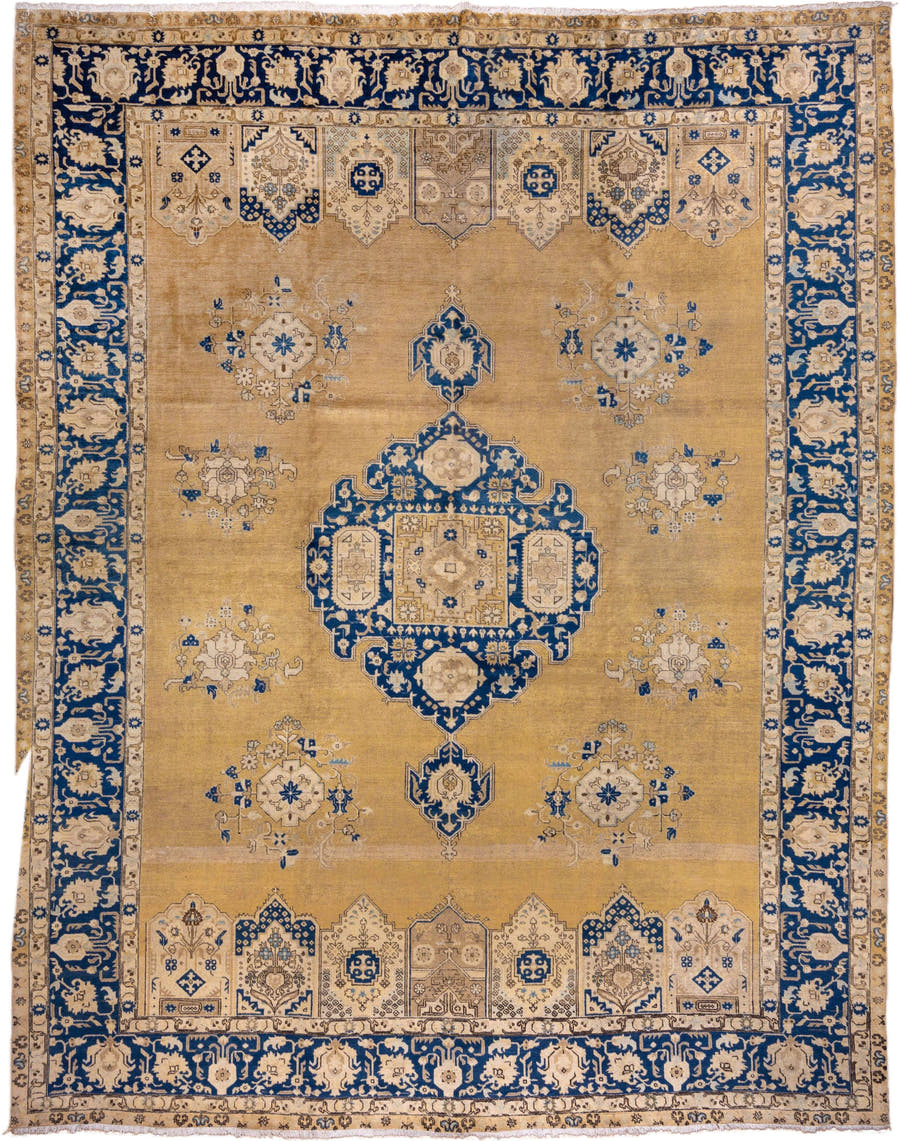 11' x 15' one-of-a-kind handmade antique Tabriz oversize rug. Color palette: camel, cobalt, ivory, beige, taupe, blue, gray