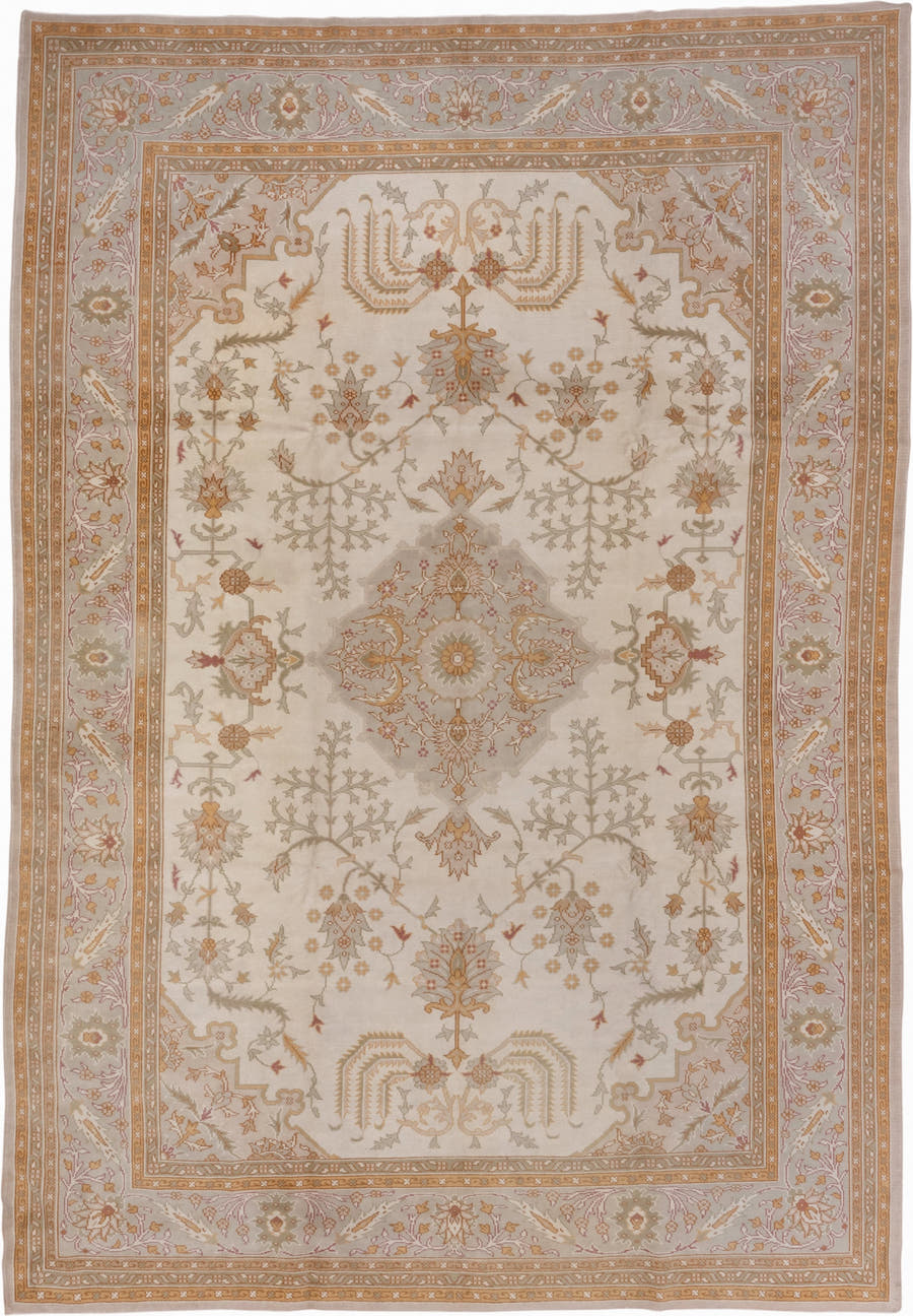 8' x 11' one-of-a-kind handmade antique Oushak large size rug. Color palette: ivory, taupe, gold, blush, sage, camel, rose