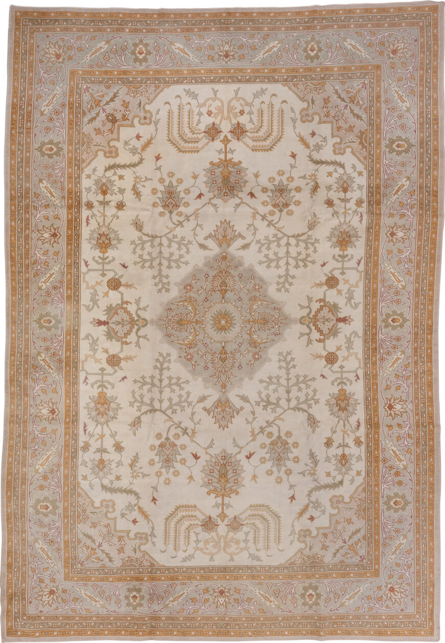 8' x 11' one-of-a-kind handmade antique Oushak large size rug. Color palette: ivory, taupe, gold, blush, sage, camel, rose