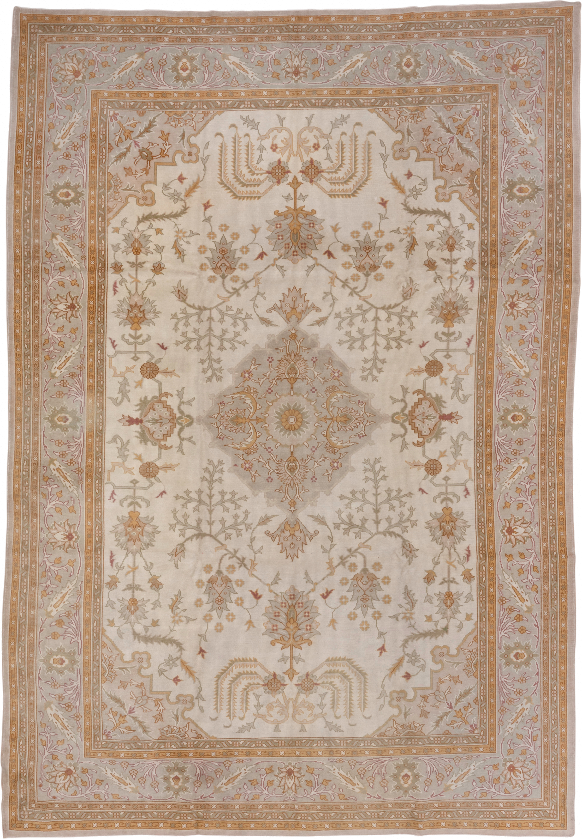 8' x 11' one-of-a-kind handmade antique Oushak large size rug. Color palette: ivory, taupe, gold, blush, sage, camel, rose