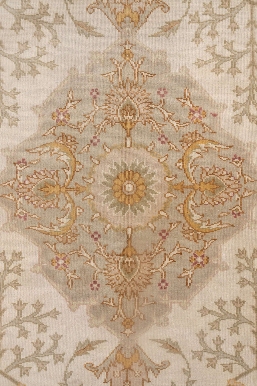 8' x 11' one-of-a-kind handmade antique Oushak large size rug. Color palette: ivory, taupe, gold, blush, sage, camel, rose