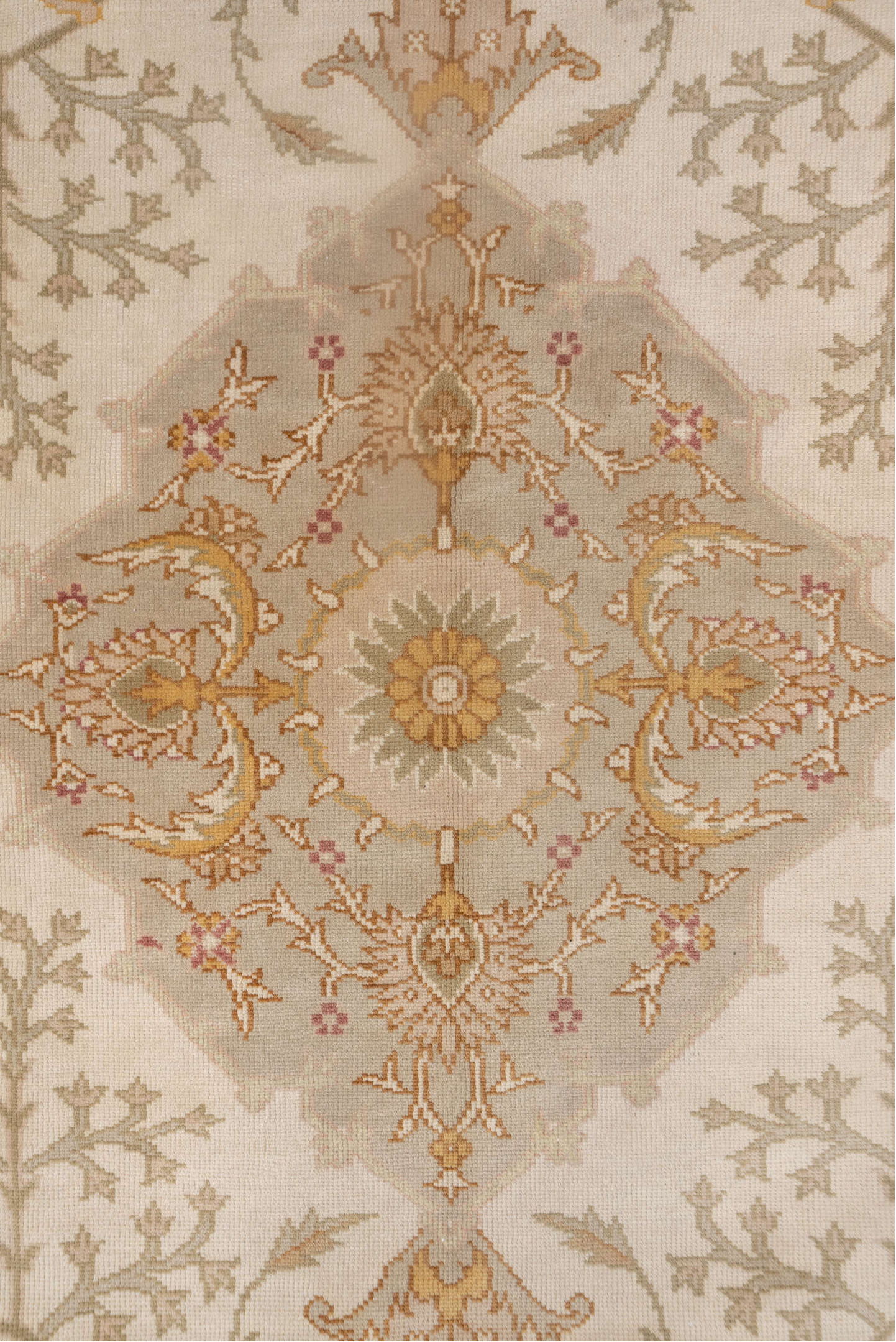8' x 11' one-of-a-kind handmade antique Oushak large size rug. Color palette: ivory, taupe, gold, blush, sage, camel, rose
