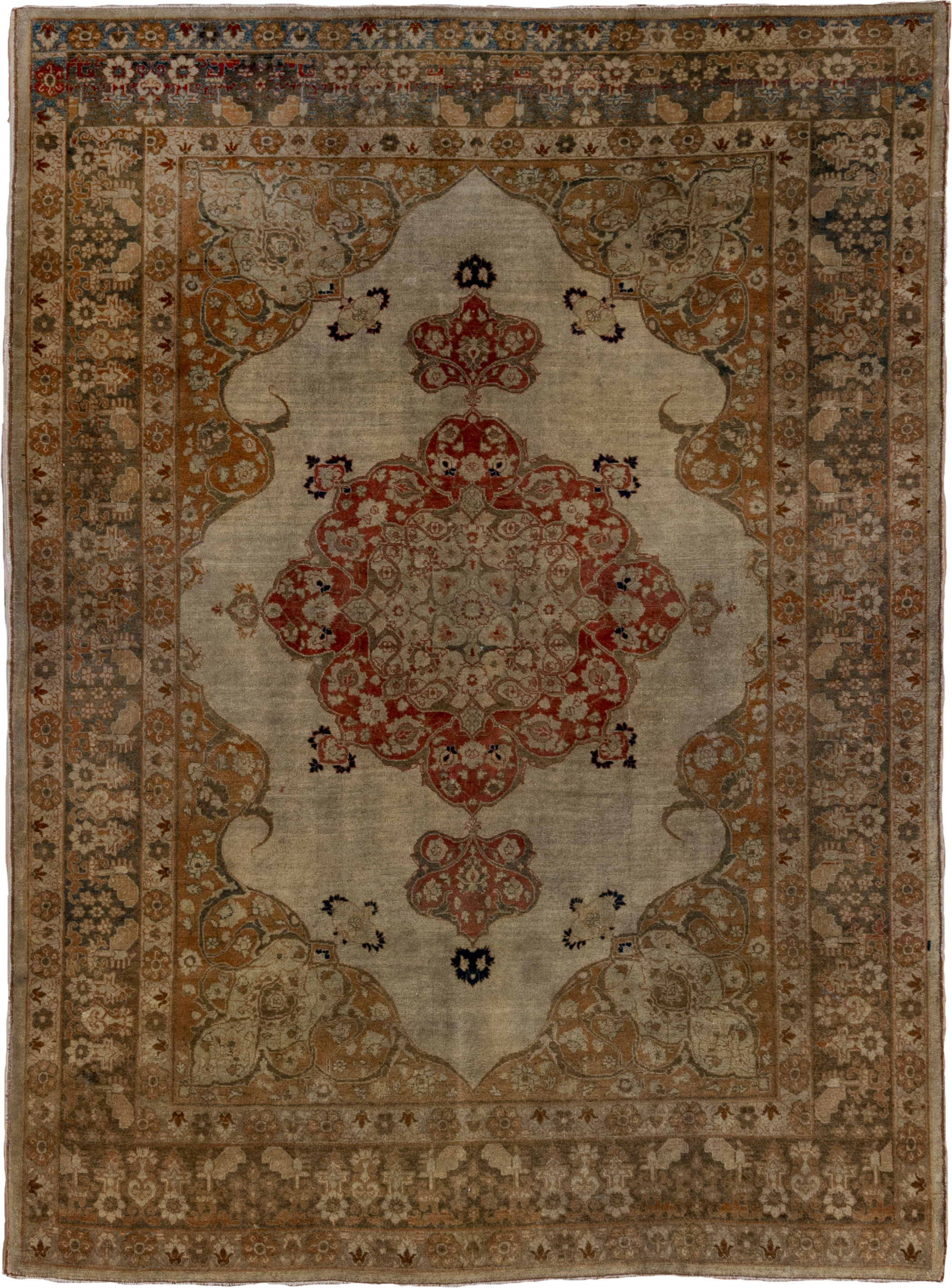 4' x 6' one-of-a-kind handmade antique Tabriz small size rug. Color palette: ivory, camel, taupe, rust, brown, slate, rose