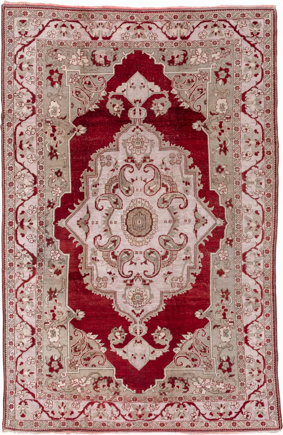 7' x 10' one-of-a-kind handmade vintage Oushak large size rug. Color palette: crimson, ivory, taupe, rose, burgundy, red