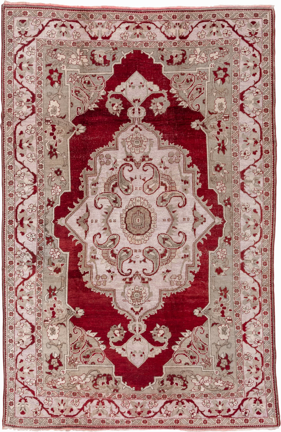 7' x 10' one-of-a-kind handmade vintage Oushak large size rug. Color palette: crimson, ivory, taupe, rose, burgundy, red