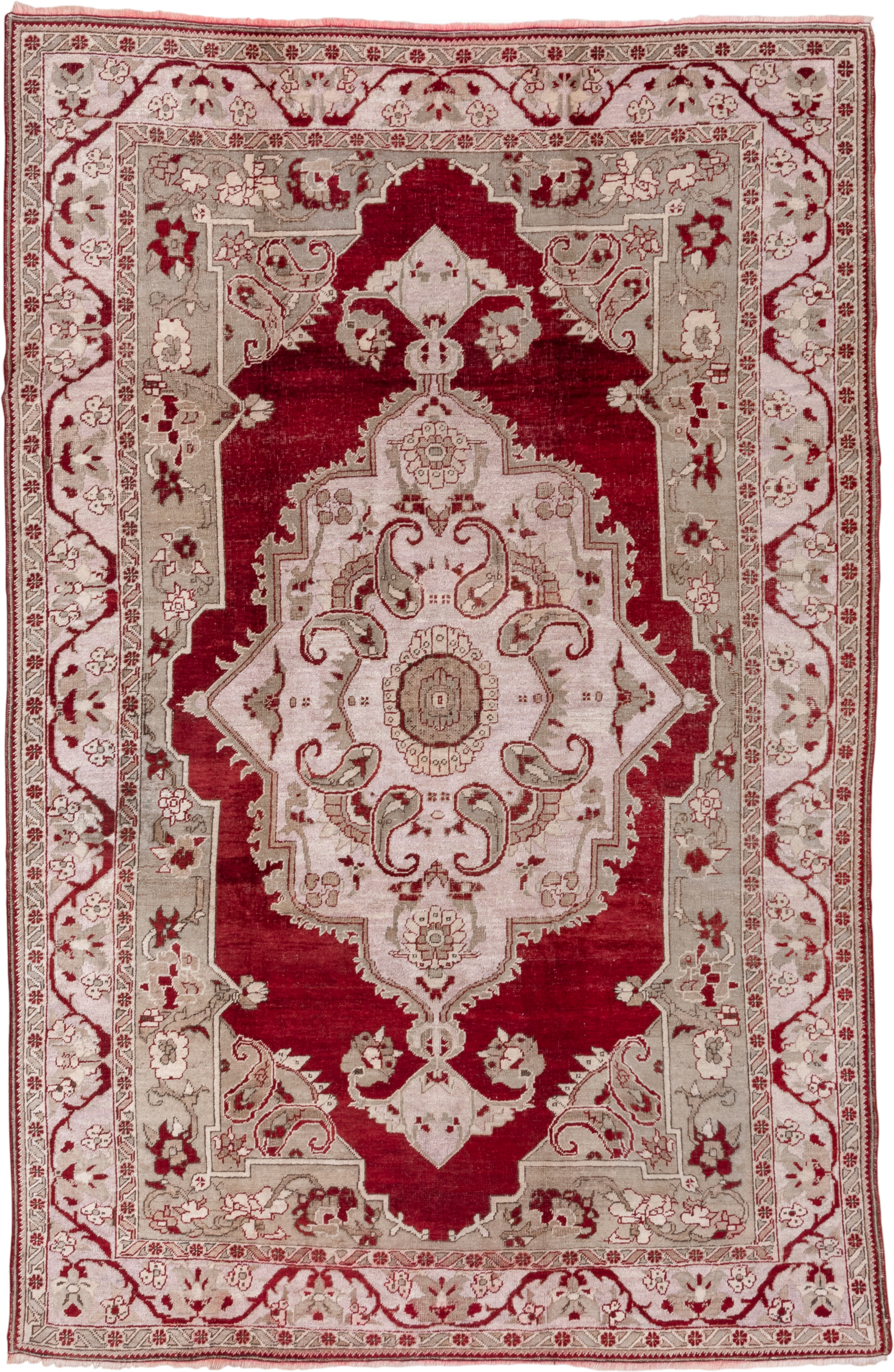 7' x 10' one-of-a-kind handmade vintage Oushak large size rug. Color palette: crimson, ivory, taupe, rose, burgundy, red