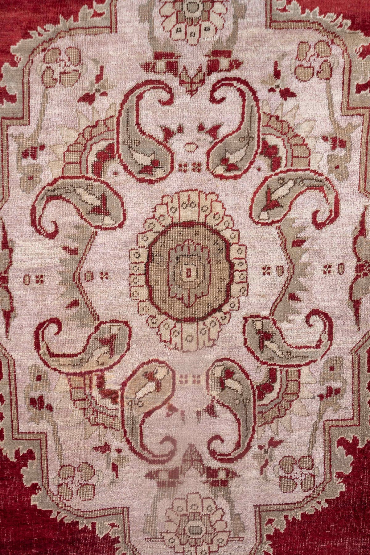 7' x 10' one-of-a-kind handmade vintage Oushak large size rug. Color palette: crimson, ivory, taupe, rose, burgundy, red