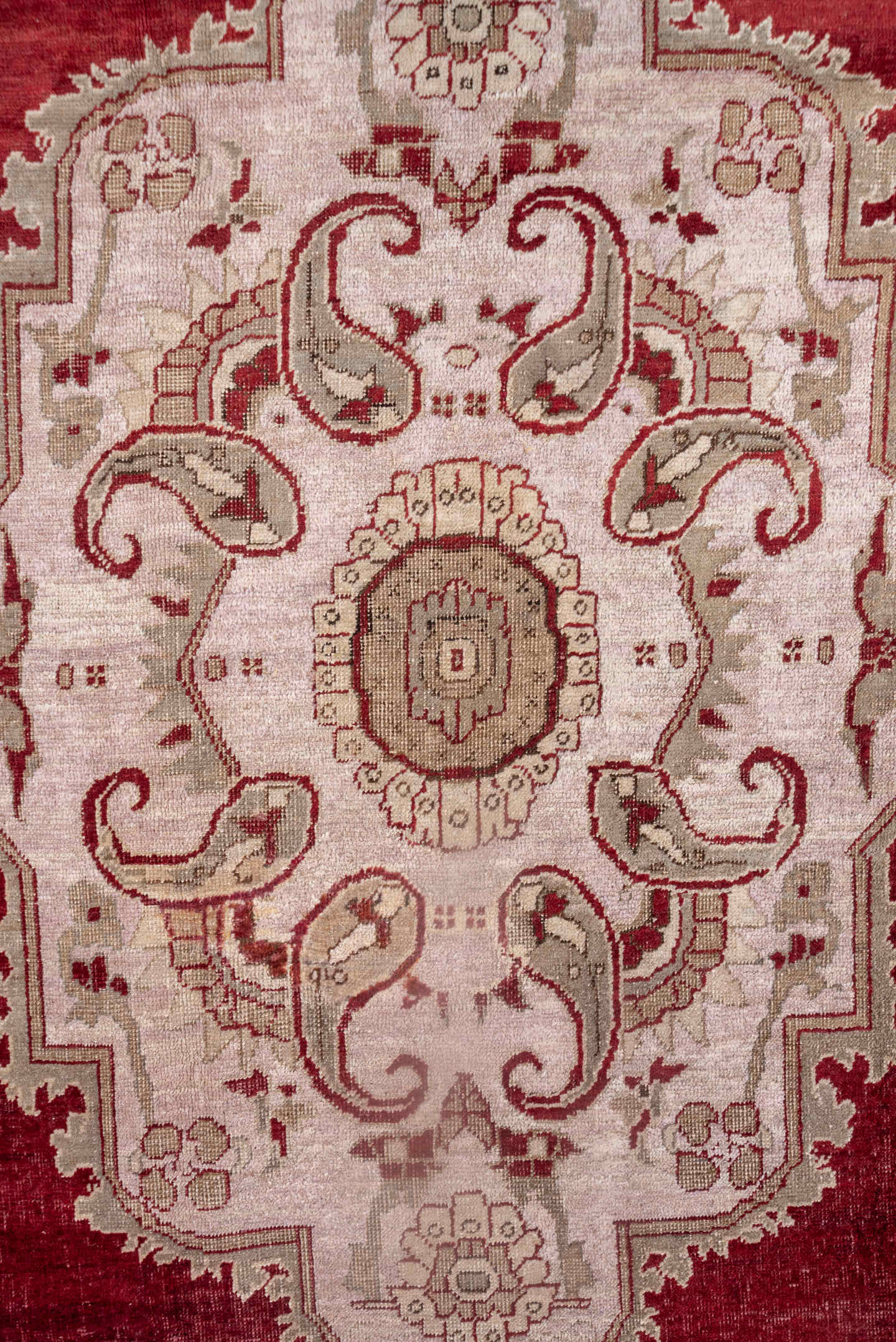 7' x 10' one-of-a-kind handmade vintage Oushak large size rug. Color palette: crimson, ivory, taupe, rose, burgundy, red