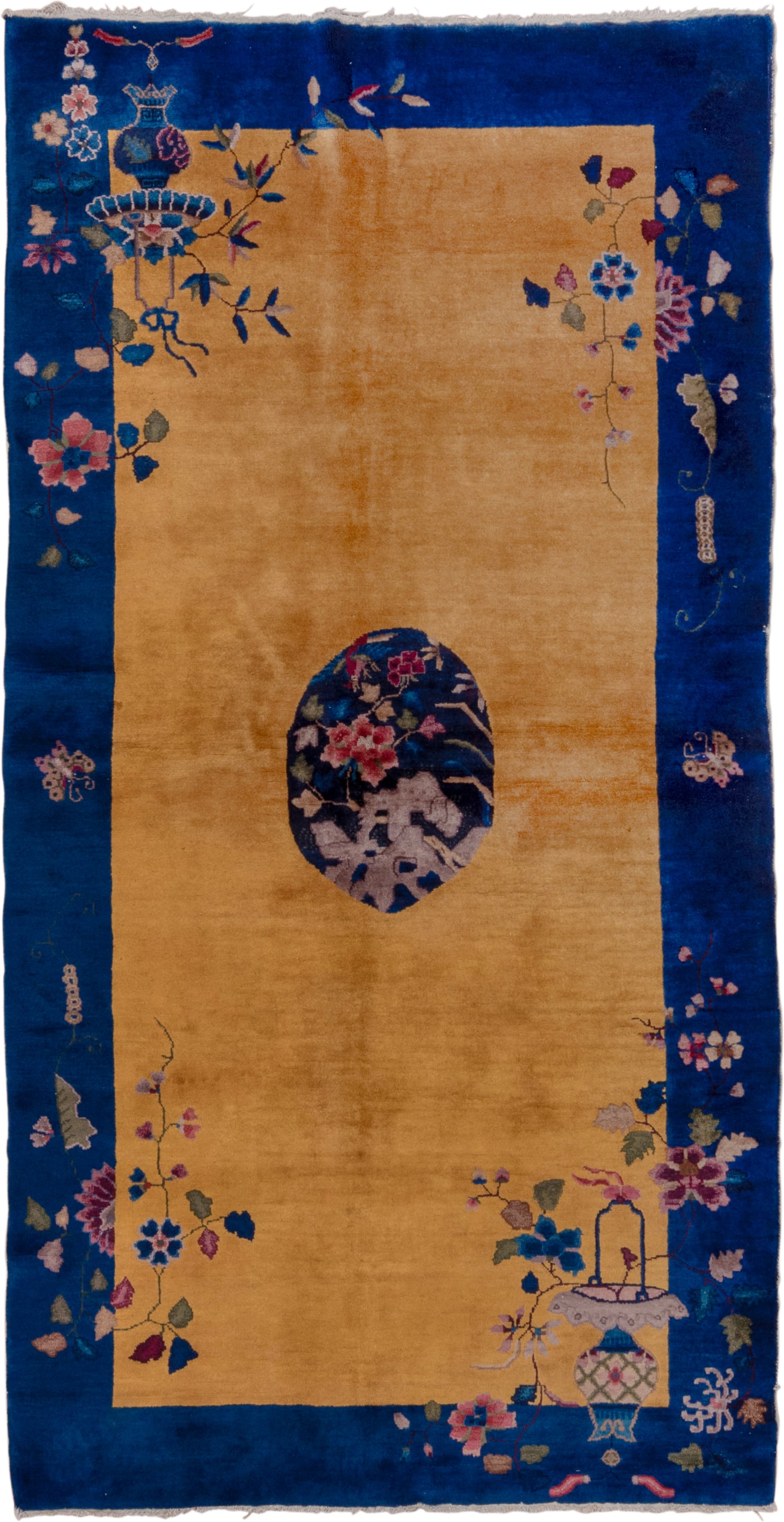 5' x 9' one-of-a-kind handmade antique Chinese medium size rug. Color palette: gold, cobalt, ivory, rose, sage, lavender