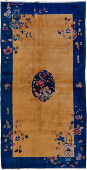 5' x 9' one-of-a-kind handmade antique Chinese medium size rug. Color palette: gold, cobalt, ivory, rose, sage, lavender