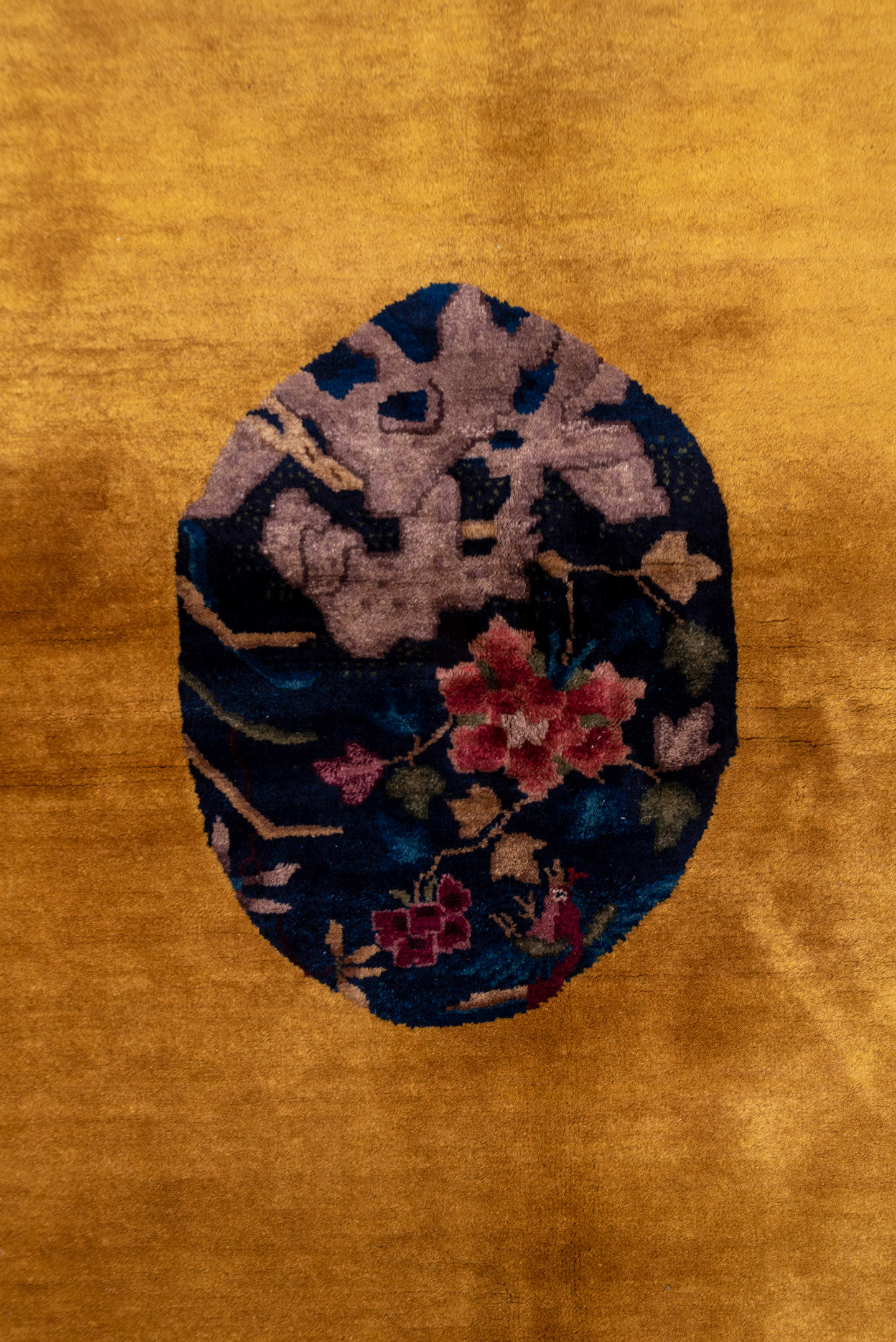 5' x 9' one-of-a-kind handmade antique Chinese medium size rug. Color palette: gold, cobalt, ivory, rose, sage, lavender