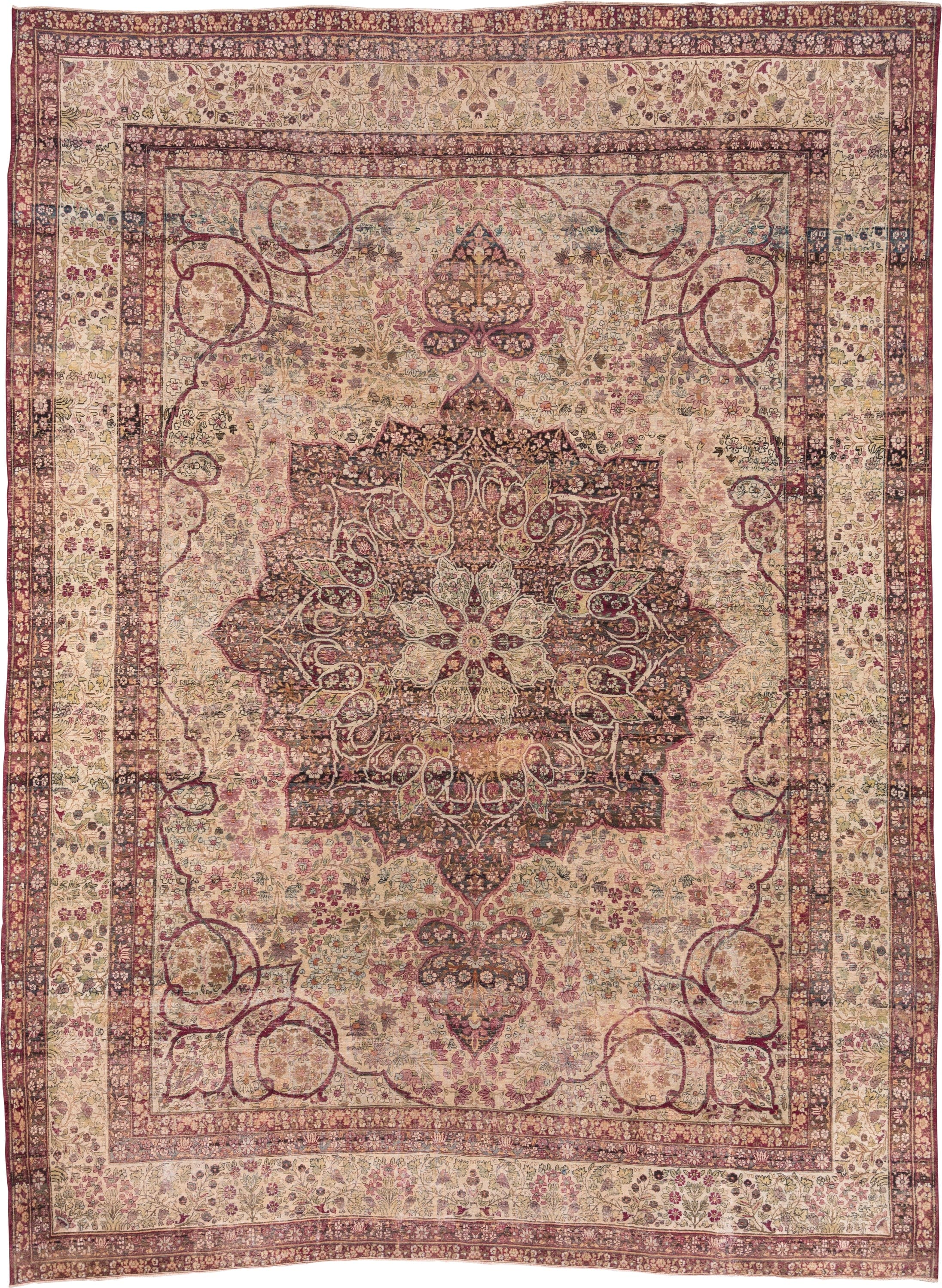 10' x 14' one-of-a-kind handmade antique Lavar large size rug. Color palette: ivory, rose, burgundy, taupe, dusty pink