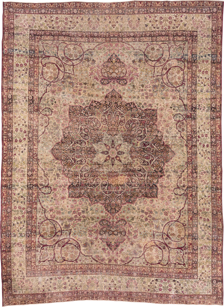 10' x 14' one-of-a-kind handmade antique Lavar large size rug. Color palette: ivory, rose, burgundy, taupe, dusty pink