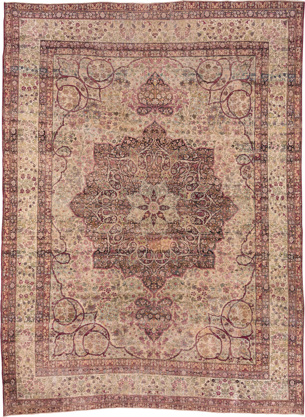 10' x 14' one-of-a-kind handmade antique Lavar large size rug. Color palette: ivory, rose, burgundy, taupe, dusty pink