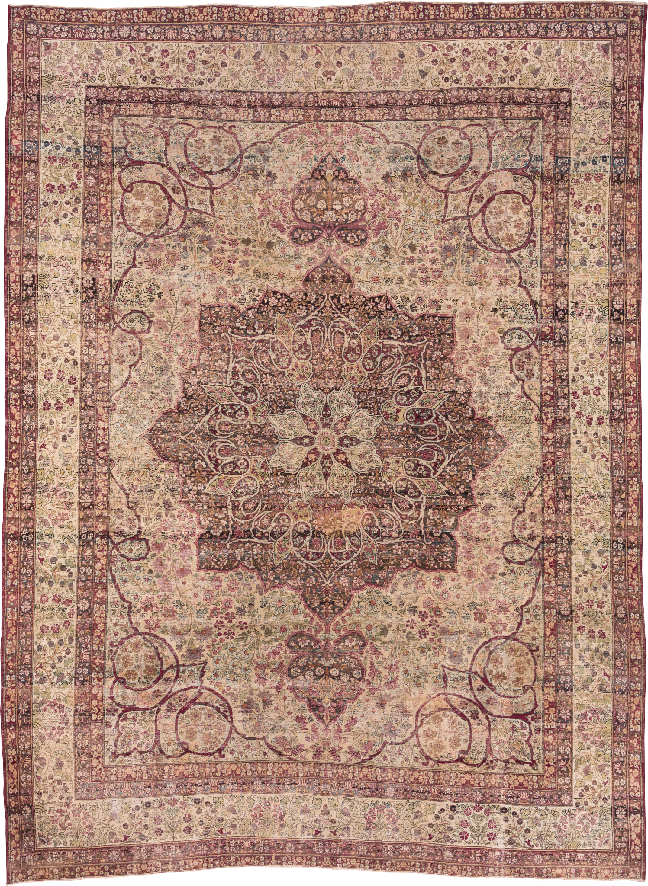 10' x 14' one-of-a-kind handmade antique Lavar large size rug. Color palette: ivory, rose, burgundy, taupe, dusty pink