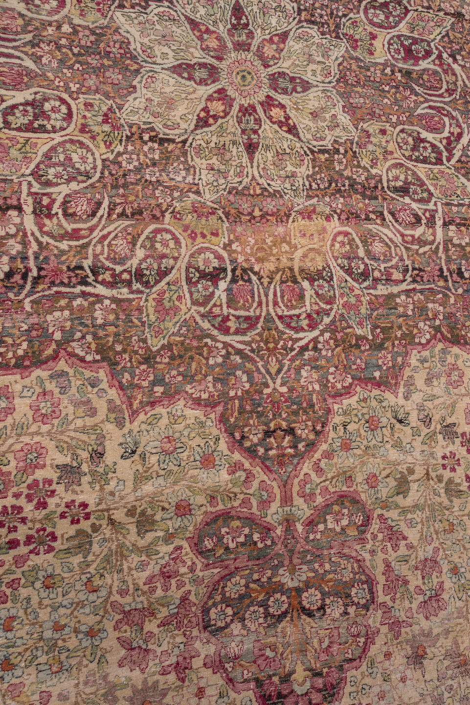 10' x 14' one-of-a-kind handmade antique Lavar large size rug. Color palette: ivory, rose, burgundy, taupe, dusty pink