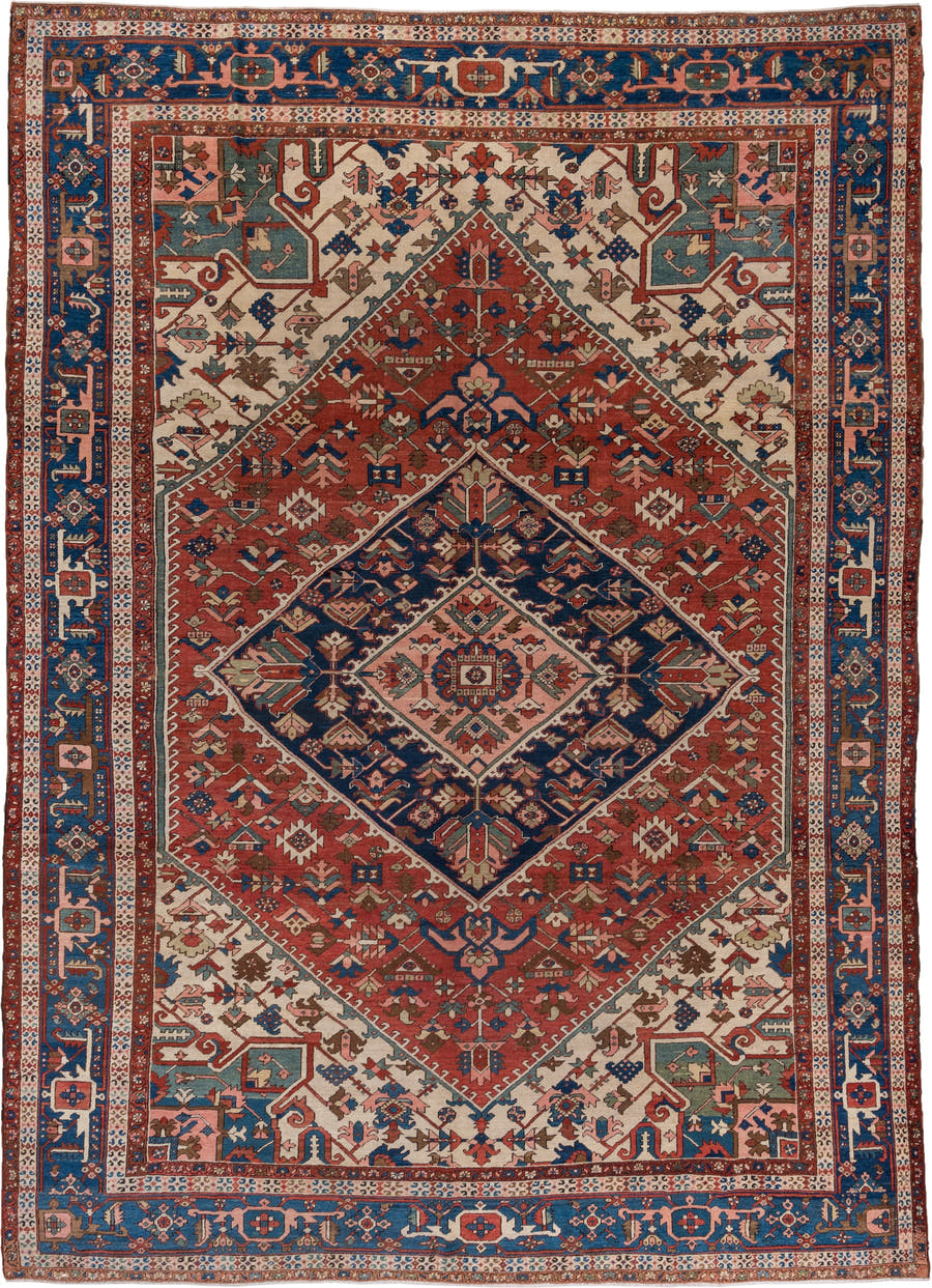 10' x 14' one-of-a-kind handmade antique Serapi large size rug. Color palette: rust, ivory, indigo, sky blue, rose, taupe
