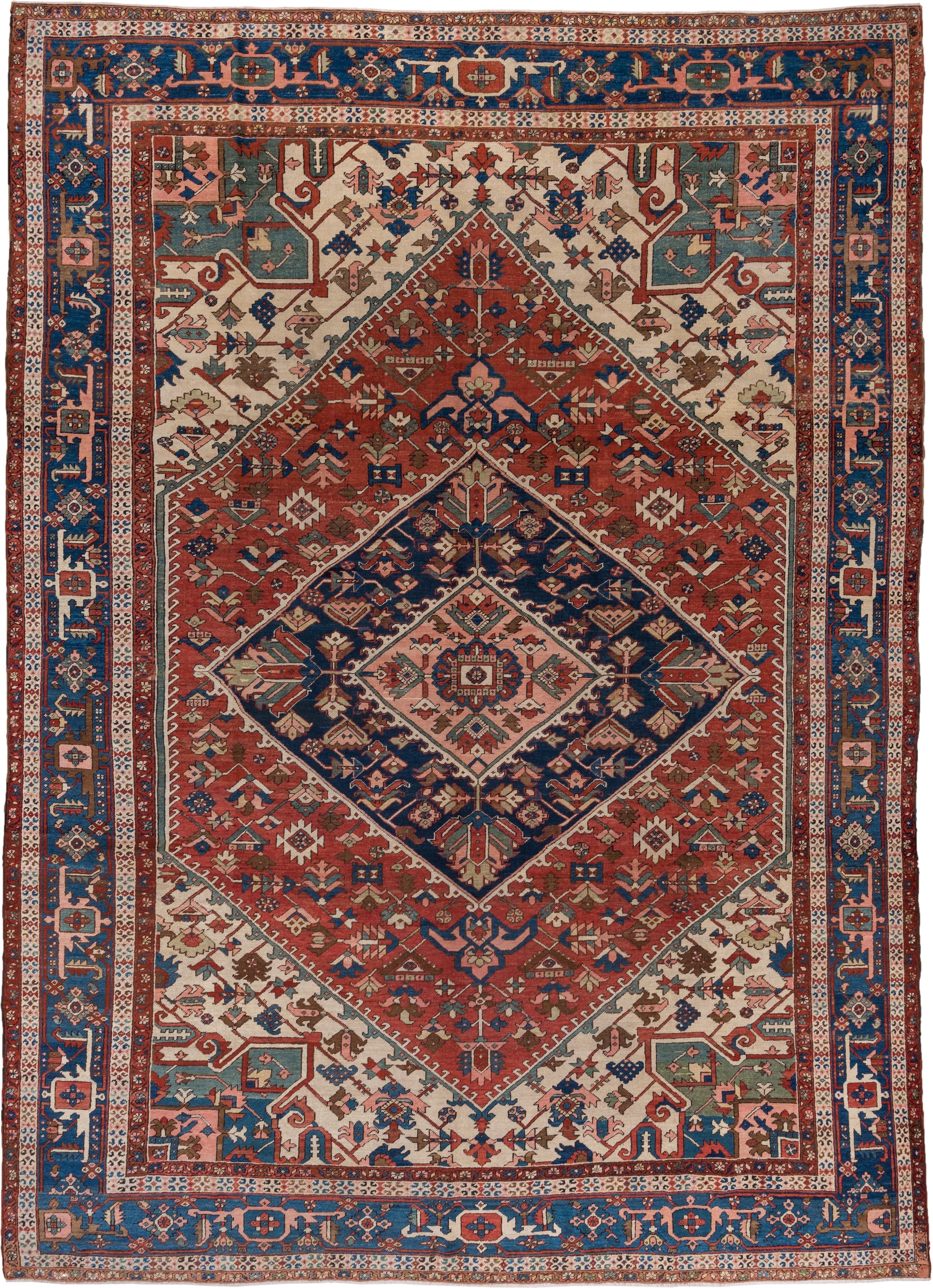 10' x 14' one-of-a-kind handmade antique Serapi large size rug. Color palette: rust, ivory, indigo, sky blue, rose, taupe