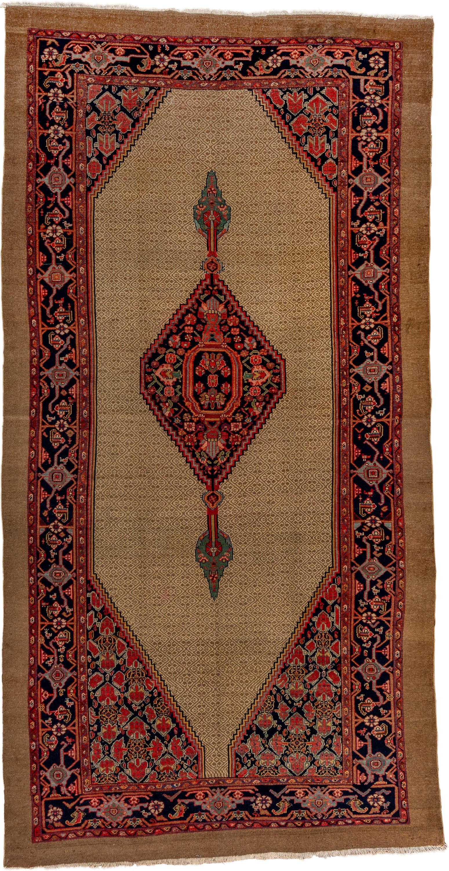 6' x 12' one-of-a-kind handmade antique Cam Hamadan large size rug. Color palette: camel, navy, rust, crimson, ivory, sage