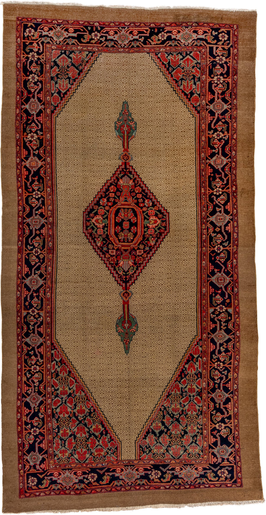 6' x 12' one-of-a-kind handmade antique Cam Hamadan large size rug. Color palette: camel, navy, rust, crimson, ivory, sage