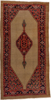 6' x 12' one-of-a-kind handmade antique Cam Hamadan large size rug. Color palette: camel, navy, rust, crimson, ivory, sage