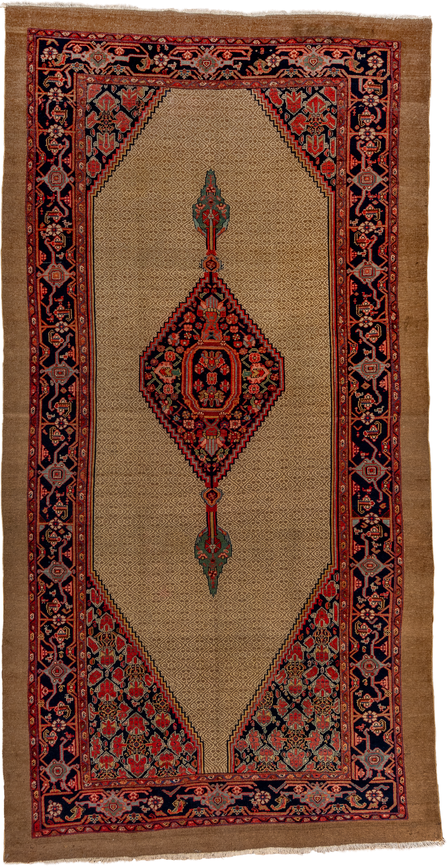 6' x 12' one-of-a-kind handmade antique Cam Hamadan large size rug. Color palette: camel, navy, rust, crimson, ivory, sage