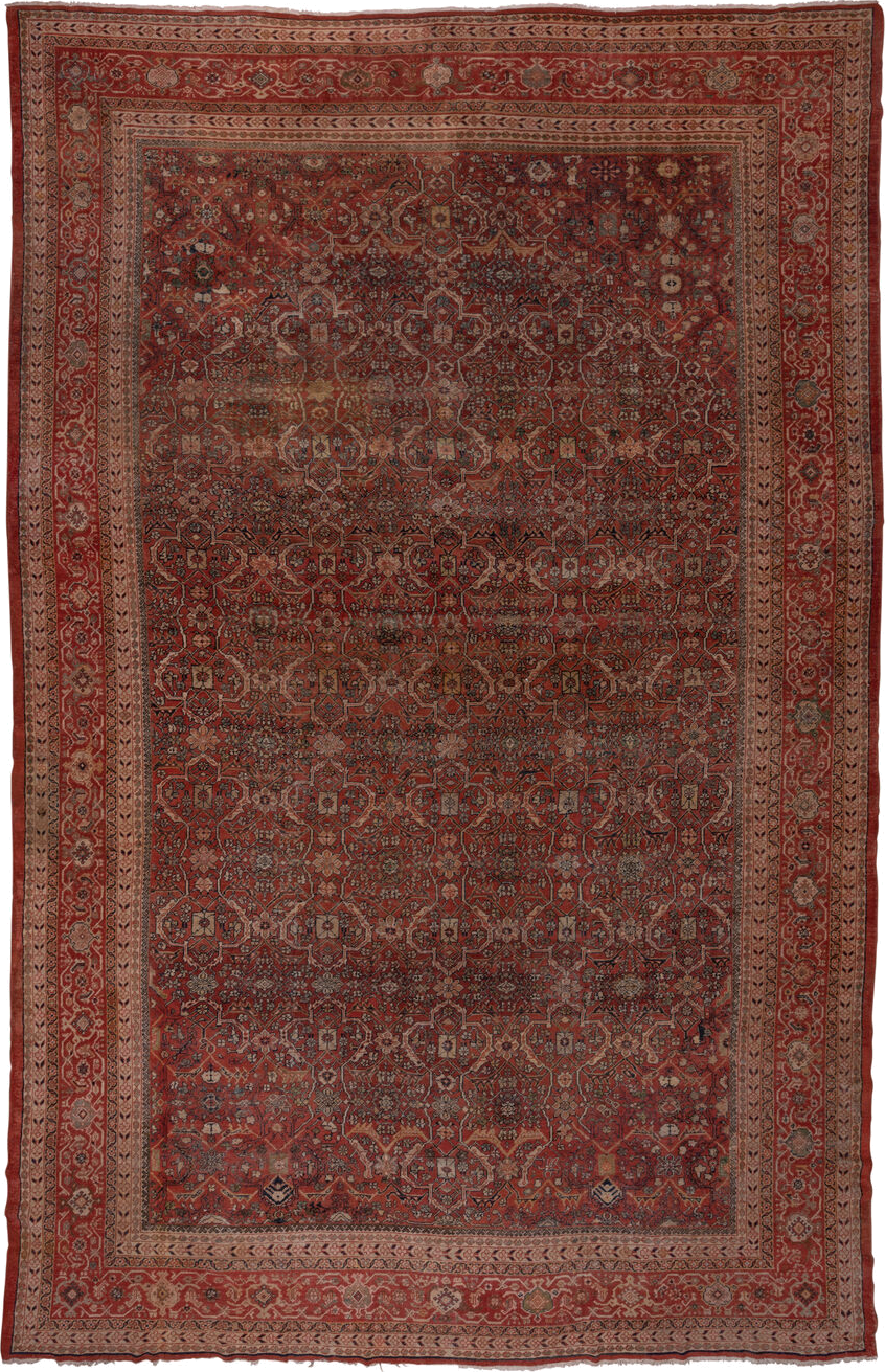 13' x 20' one-of-a-kind handmade vintage Sultanabad oversize rug. Color palette: rust, brick, burgundy, taupe, ivory