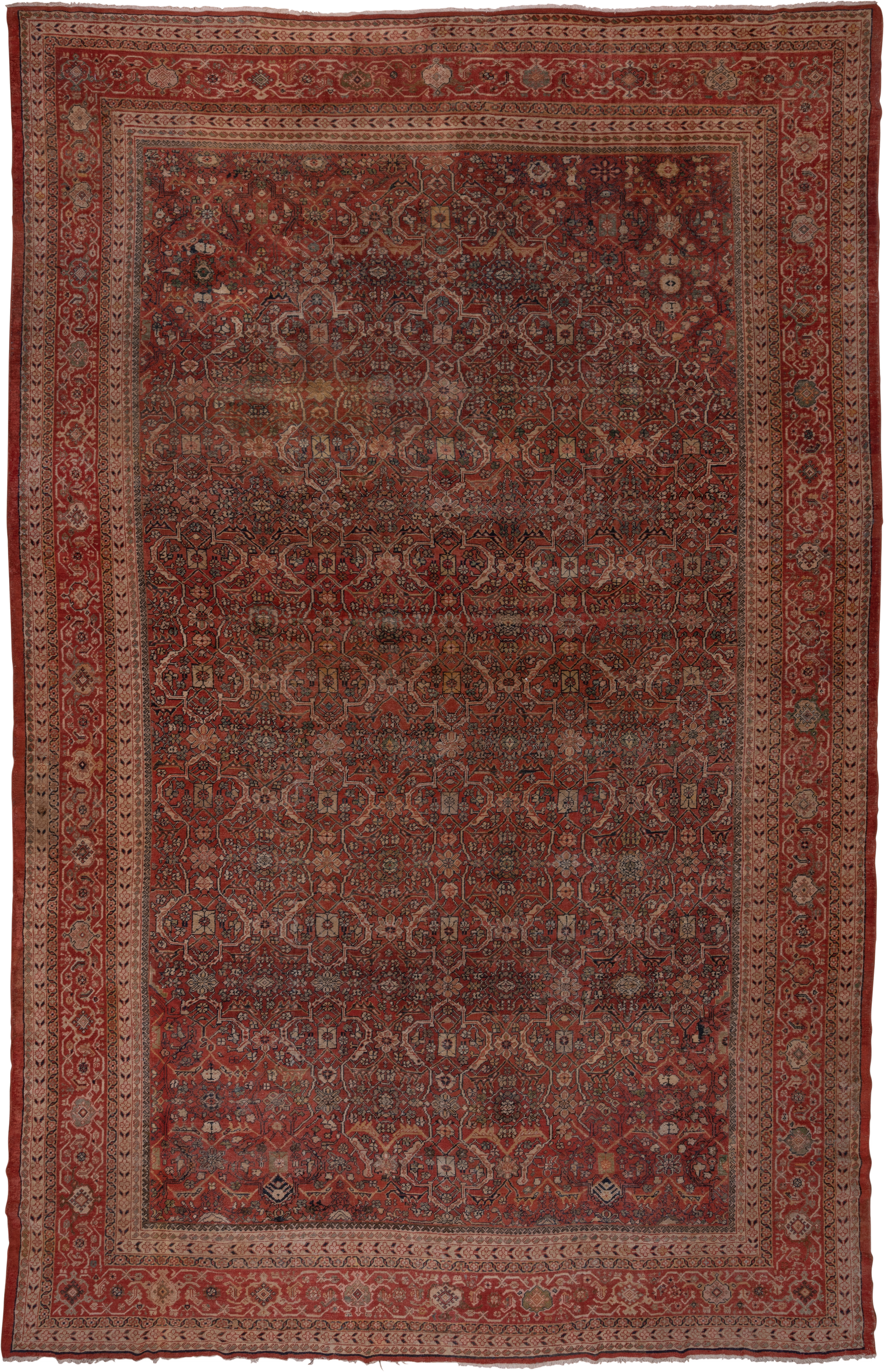 13' x 20' one-of-a-kind handmade vintage Sultanabad oversize rug. Color palette: rust, brick, burgundy, taupe, ivory