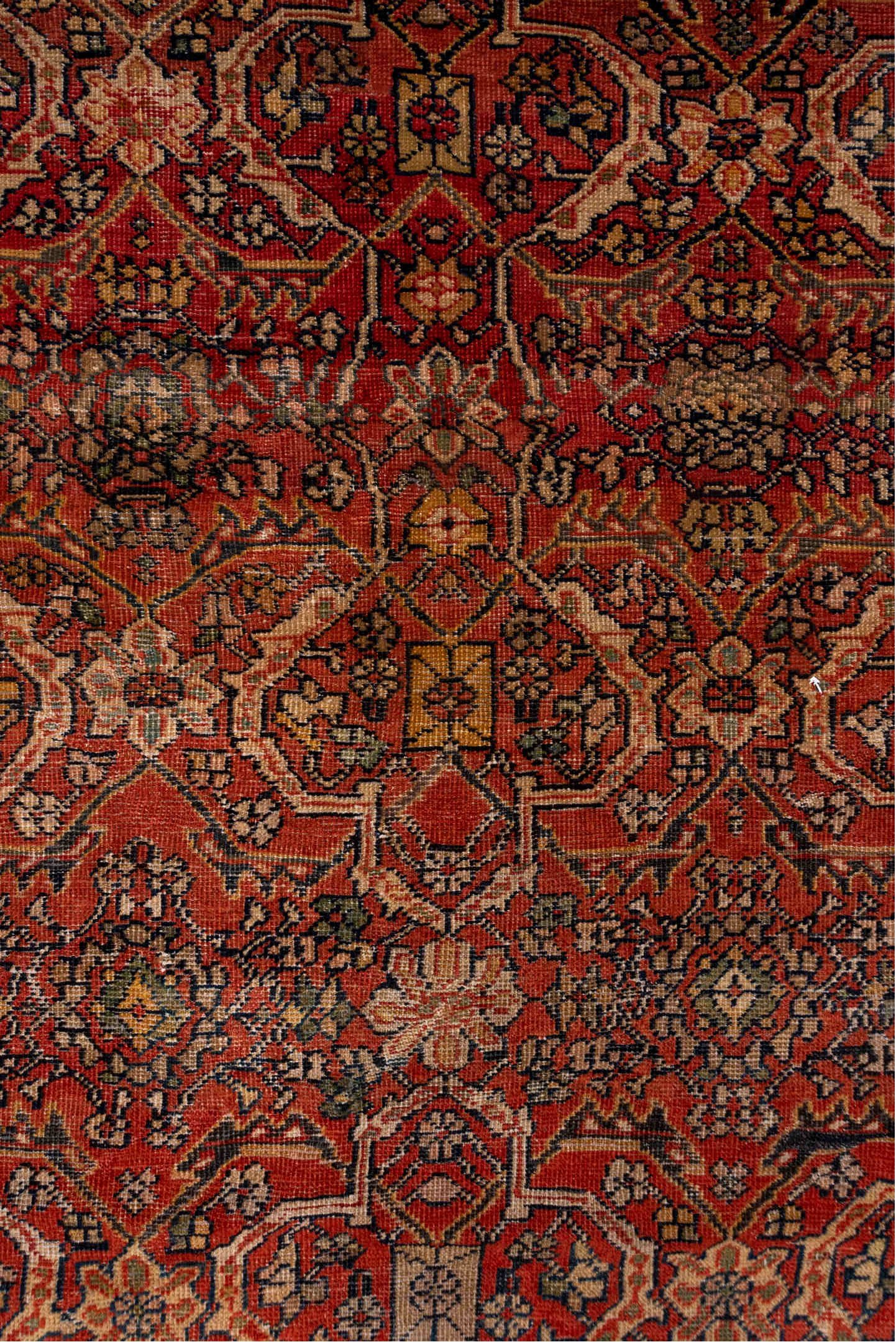 13' x 20' one-of-a-kind handmade vintage Sultanabad oversize rug. Color palette: rust, brick, burgundy, taupe, ivory