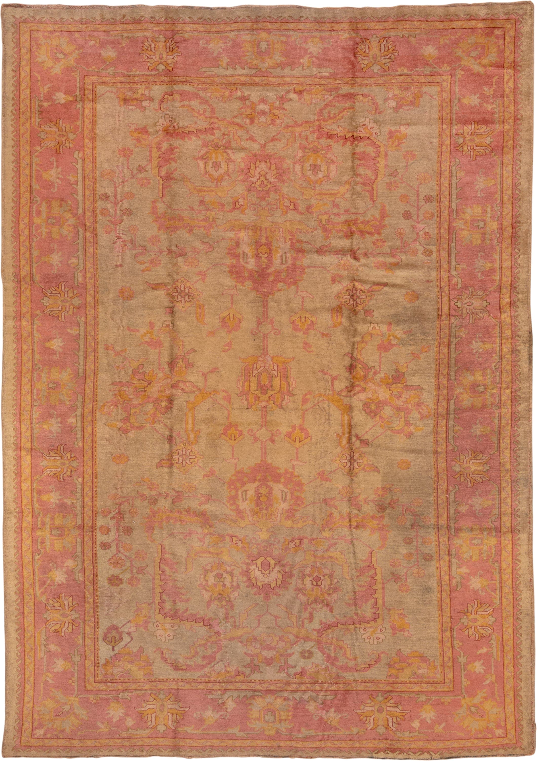 8' x 11' one-of-a-kind handmade antique Oushak large size rug. Color palette: ivory, salmon, beige, gold, blush, taupe, pink