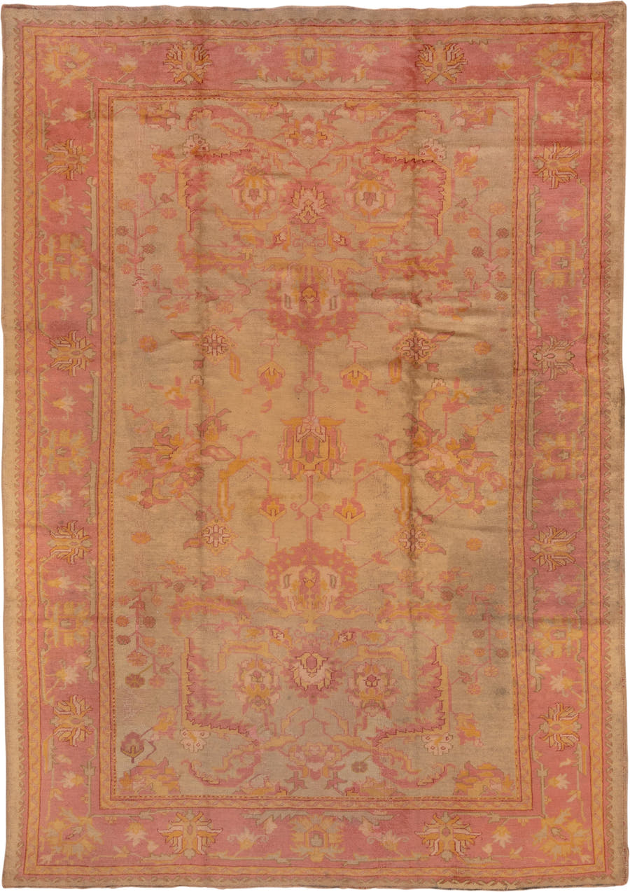 8' x 11' one-of-a-kind handmade antique Oushak large size rug. Color palette: ivory, salmon, beige, gold, blush, taupe, pink