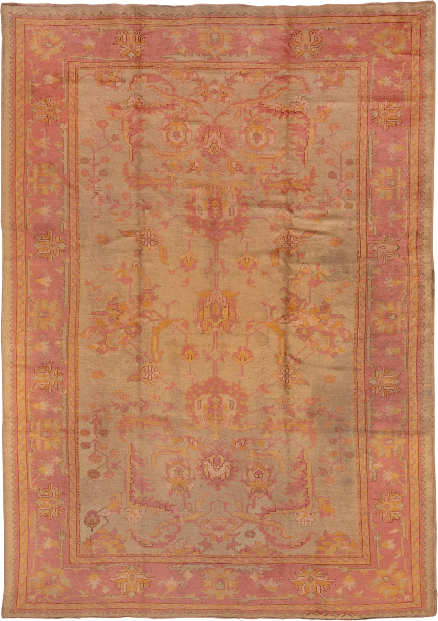 8' x 11' one-of-a-kind handmade antique Oushak large size rug. Color palette: ivory, salmon, beige, gold, blush, taupe, pink