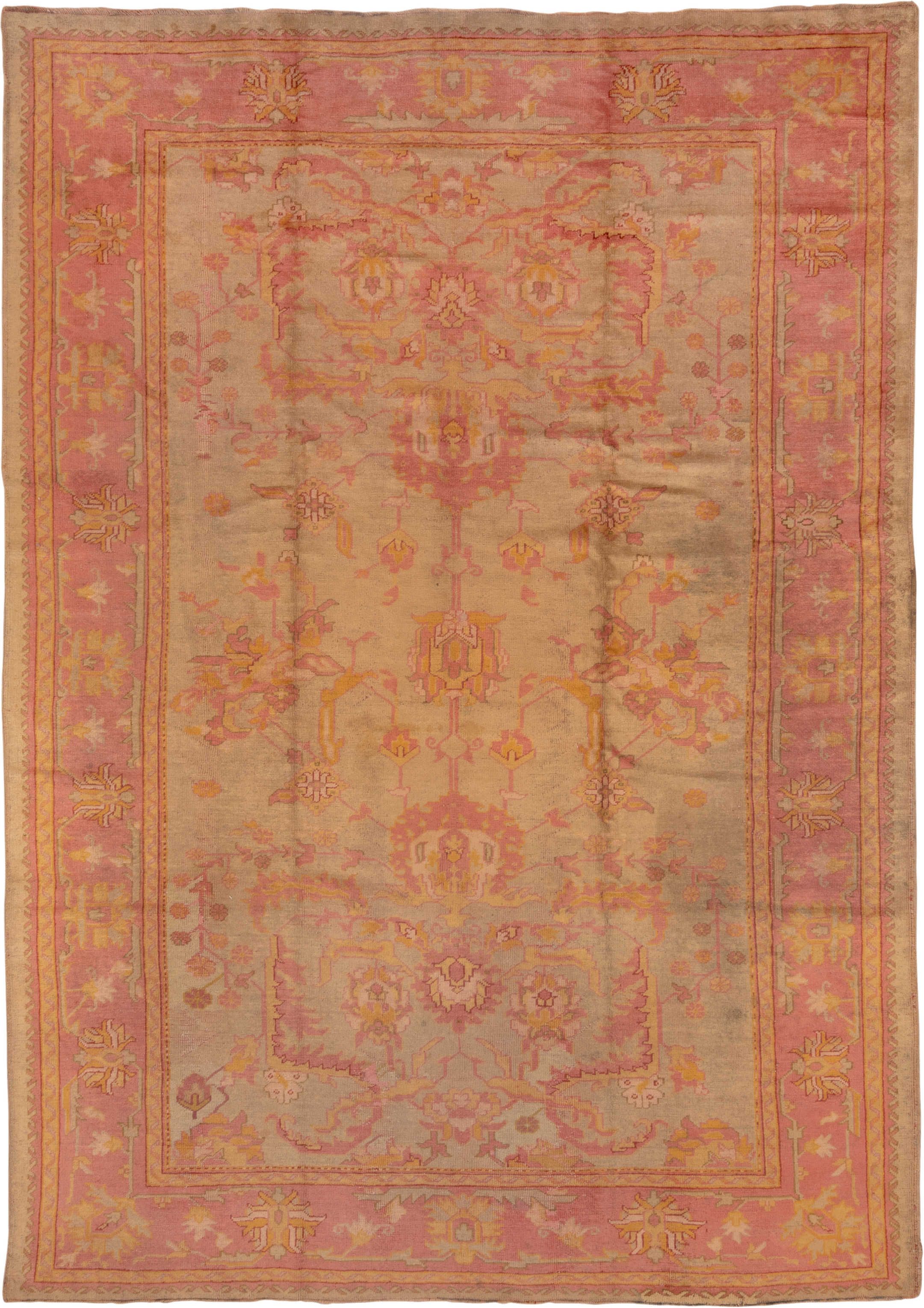 8' x 11' one-of-a-kind handmade antique Oushak large size rug. Color palette: ivory, salmon, beige, gold, blush, taupe, pink