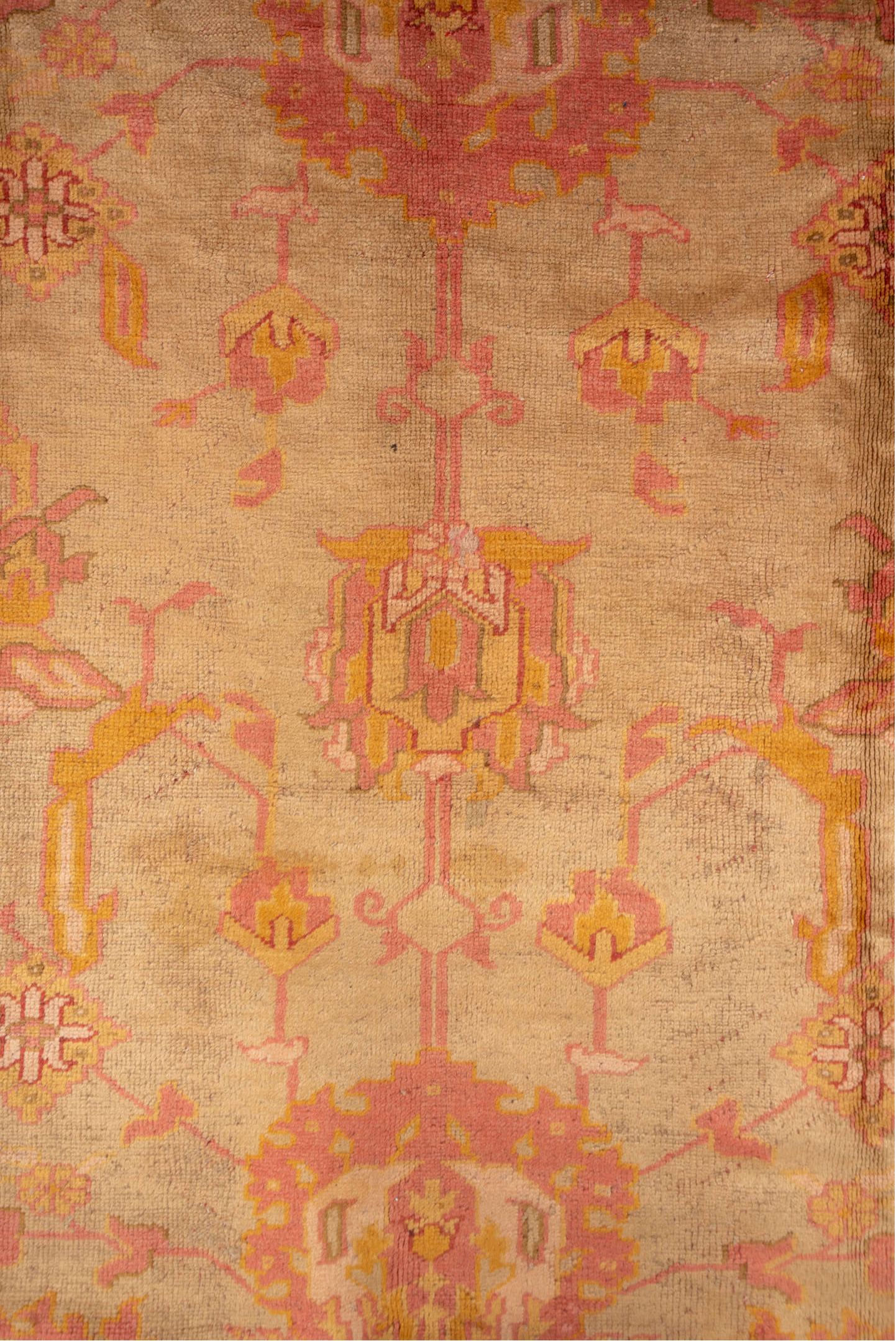 8' x 11' one-of-a-kind handmade antique Oushak large size rug. Color palette: ivory, salmon, beige, gold, blush, taupe, pink