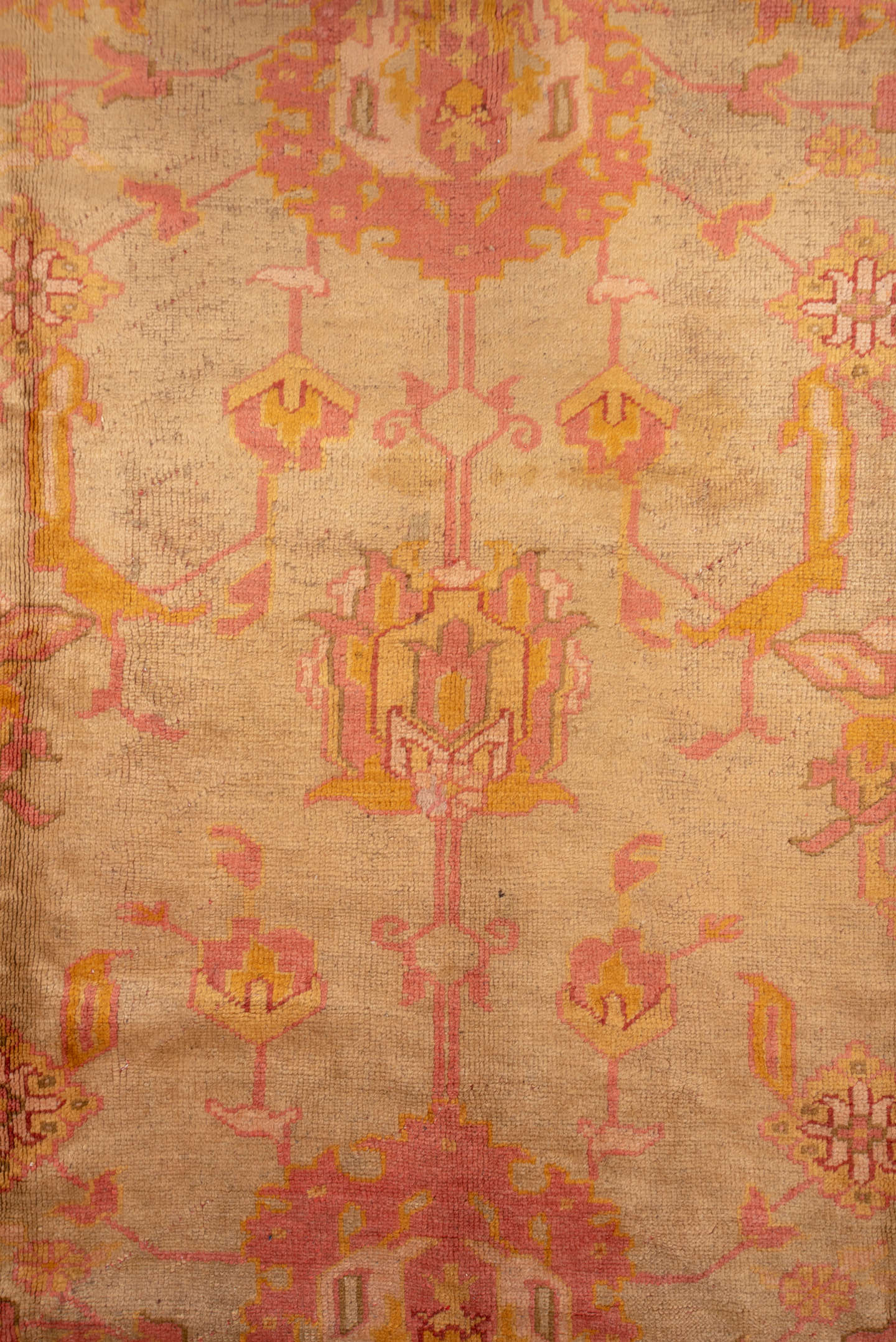 8' x 11' one-of-a-kind handmade antique Oushak large size rug. Color palette: ivory, salmon, beige, gold, blush, taupe, pink