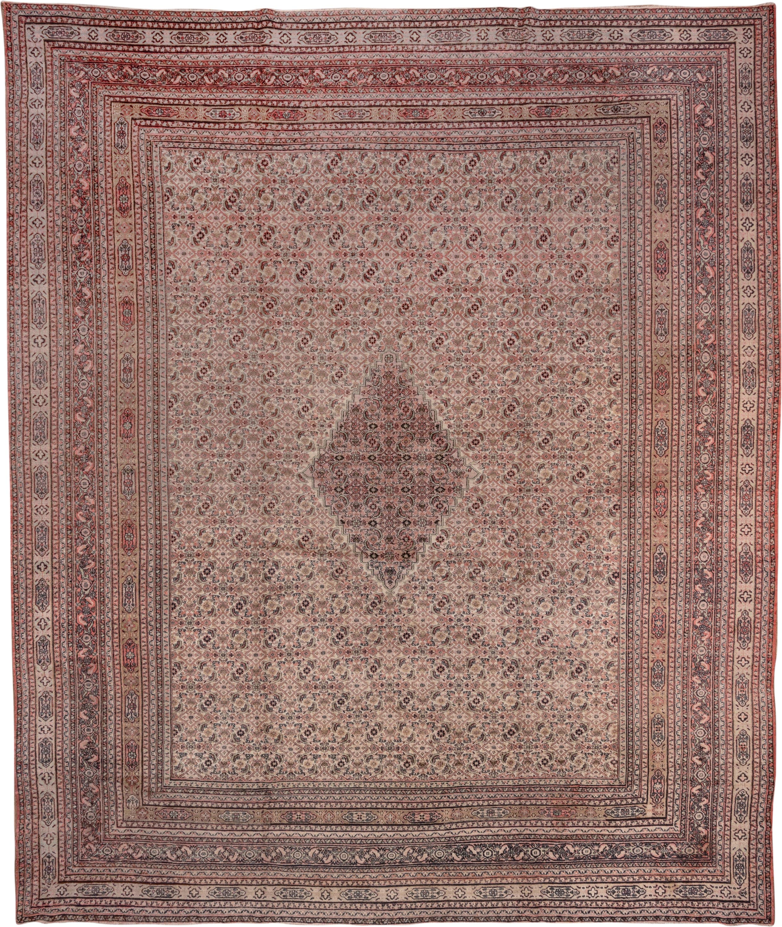 13' x 15' one-of-a-kind handmade antique Khorassan oversize rug. Color palette: rose, ivory, dusty pink, taupe, charcoal