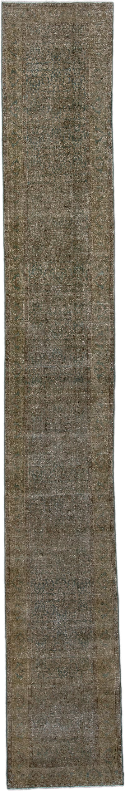 2' x 15' one-of-a-kind handmade antique Tabriz runner rug. Color palette: taupe, brown, sage, slate, beige, gray, green