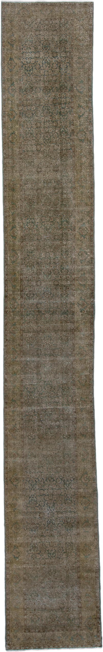 2' x 15' one-of-a-kind handmade antique Tabriz runner rug. Color palette: taupe, brown, sage, slate, beige, gray, green