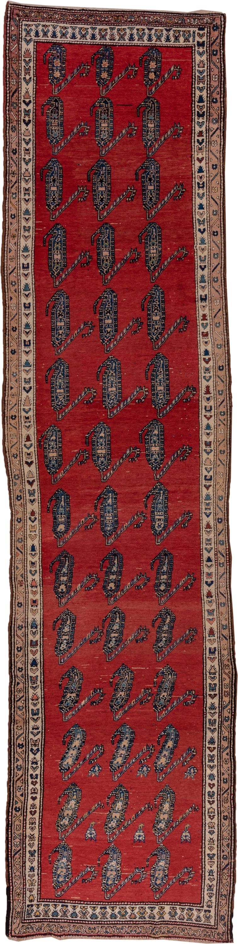 3' x 14' one-of-a-kind handmade antique Malayer runner rug. Color palette: rust, ivory, navy, camel, slate, crimson