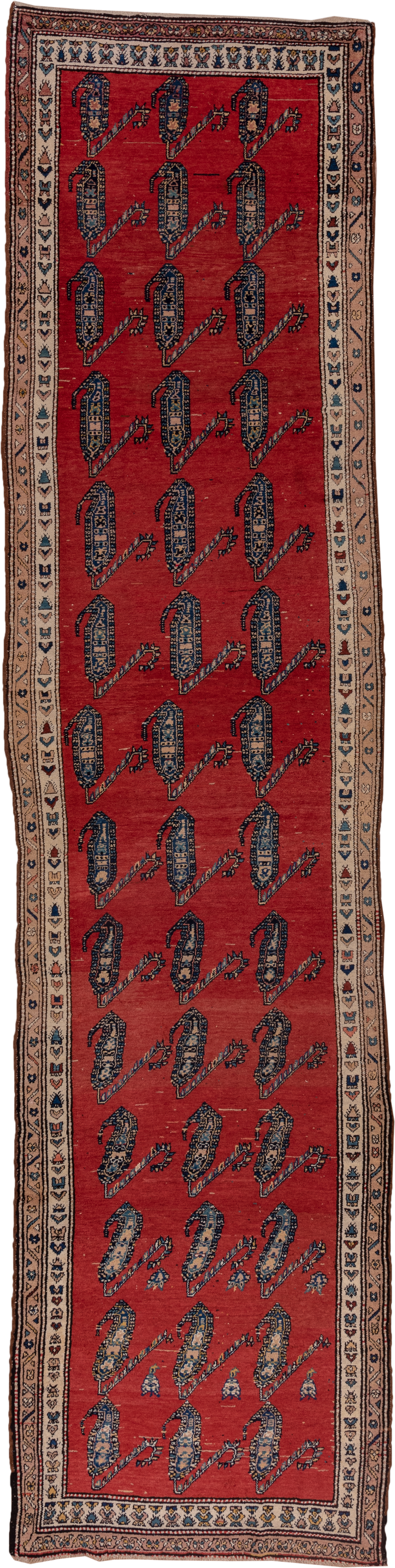 3' x 14' one-of-a-kind handmade antique Malayer runner rug. Color palette: rust, ivory, navy, camel, slate, crimson