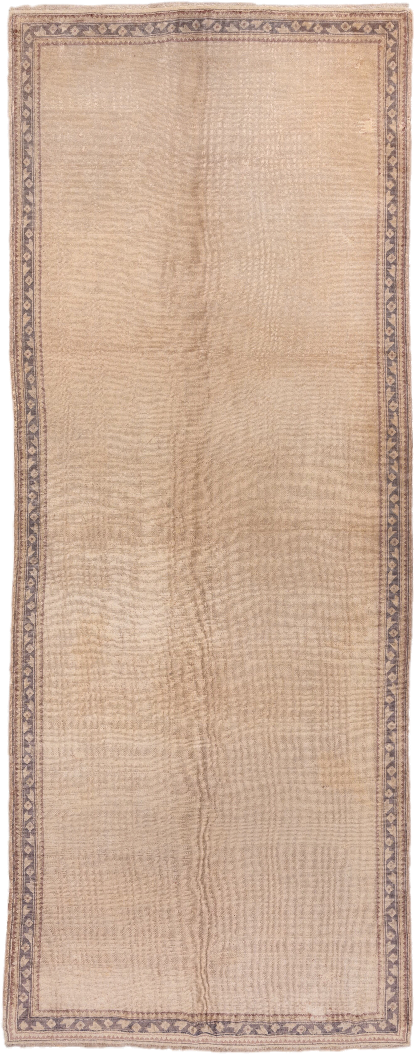 6' x 15' one-of-a-kind handmade antique Oushak rug. Color palette: beige, taupe, ivory, lavender, camel, gray, light gray