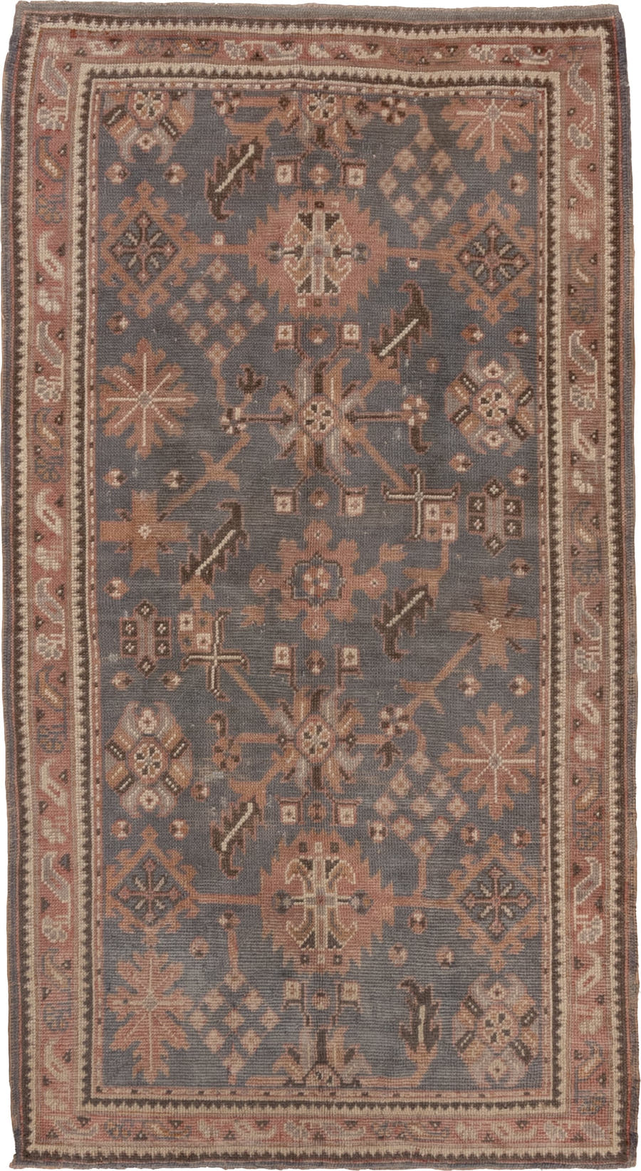 4' x 7' one-of-a-kind handmade antique Oushak rug. Color palette: slate, terra cotta, taupe, camel, ivory, charcoal, rose