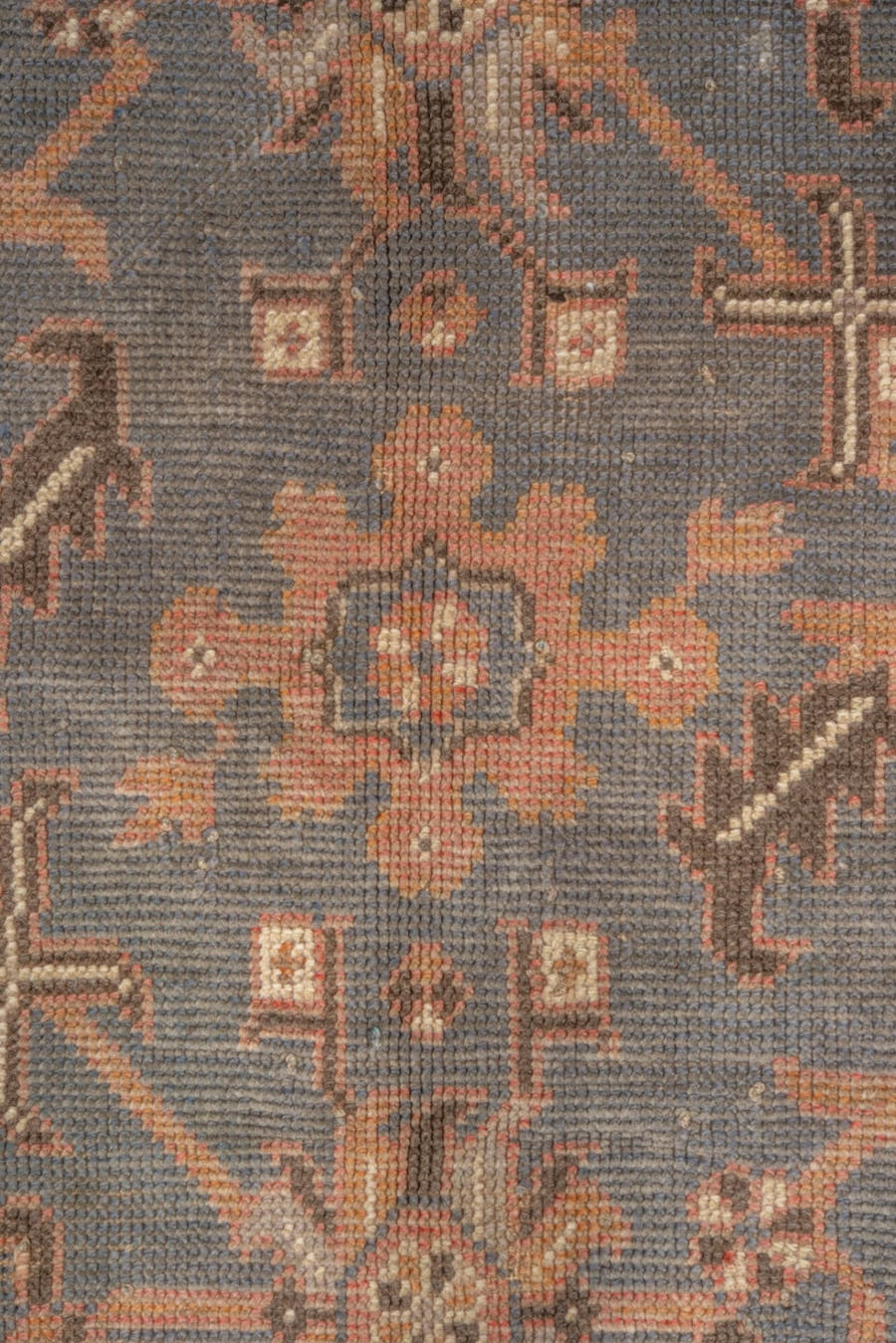 4' x 7' one-of-a-kind handmade antique Oushak rug. Color palette: slate, terra cotta, taupe, camel, ivory, charcoal, rose