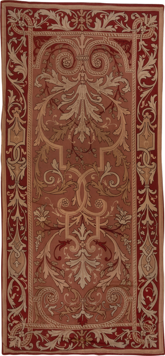 5' x 10' one-of-a-kind handmade vintage Aubusson runner rug. Color palette: brown, gray, pink, red