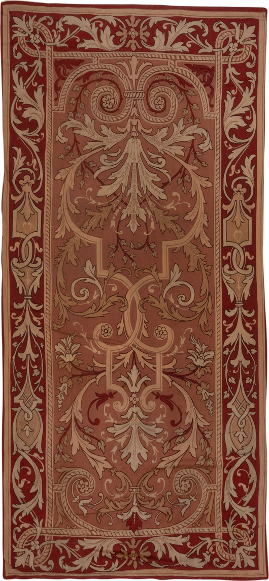 5' x 10' one-of-a-kind handmade antique Aubusson runner rug. Color palette: rose, terra cotta, ivory, burgundy, taupe, camel