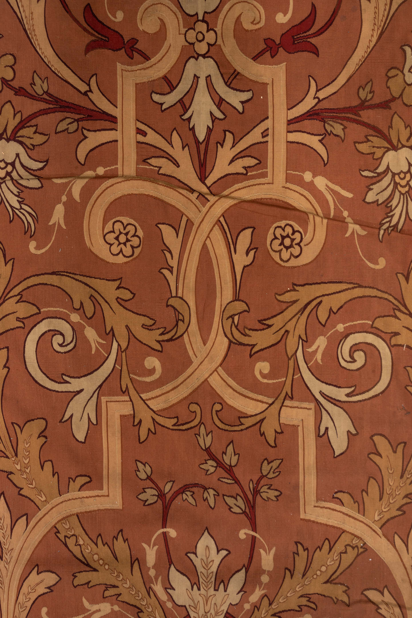 5' x 10' one-of-a-kind handmade antique Aubusson runner rug. Color palette: rose, terra cotta, ivory, burgundy, taupe, camel