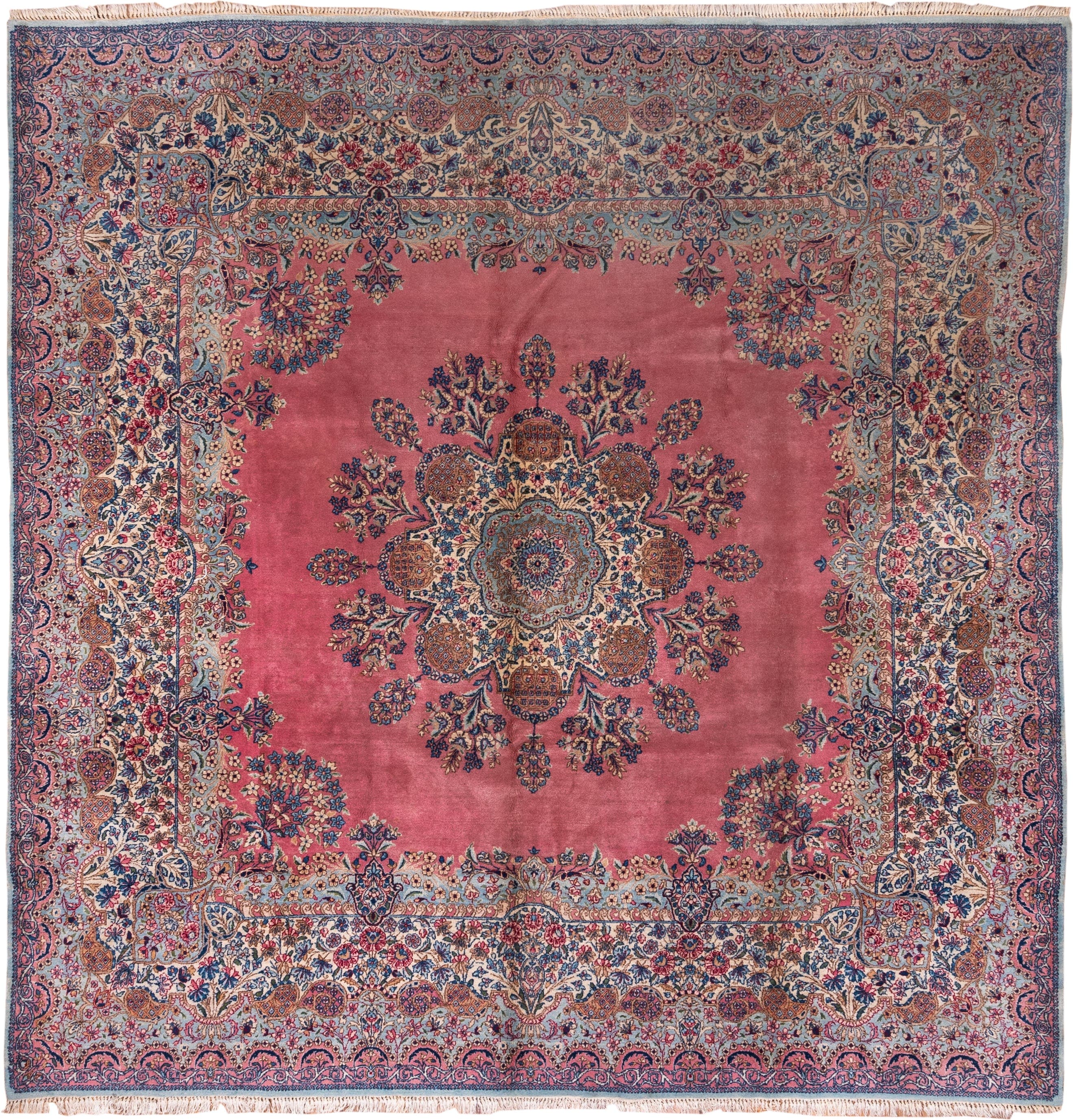 9' x 10' one-of-a-kind handmade antique Kerman large size rug. Color palette: rose, ivory, powder blue, navy, dusty pink