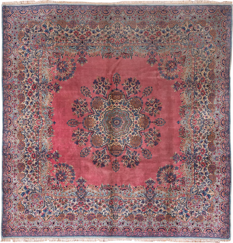 9' x 10' one-of-a-kind handmade antique Kerman large size rug. Color palette: rose, ivory, powder blue, navy, dusty pink