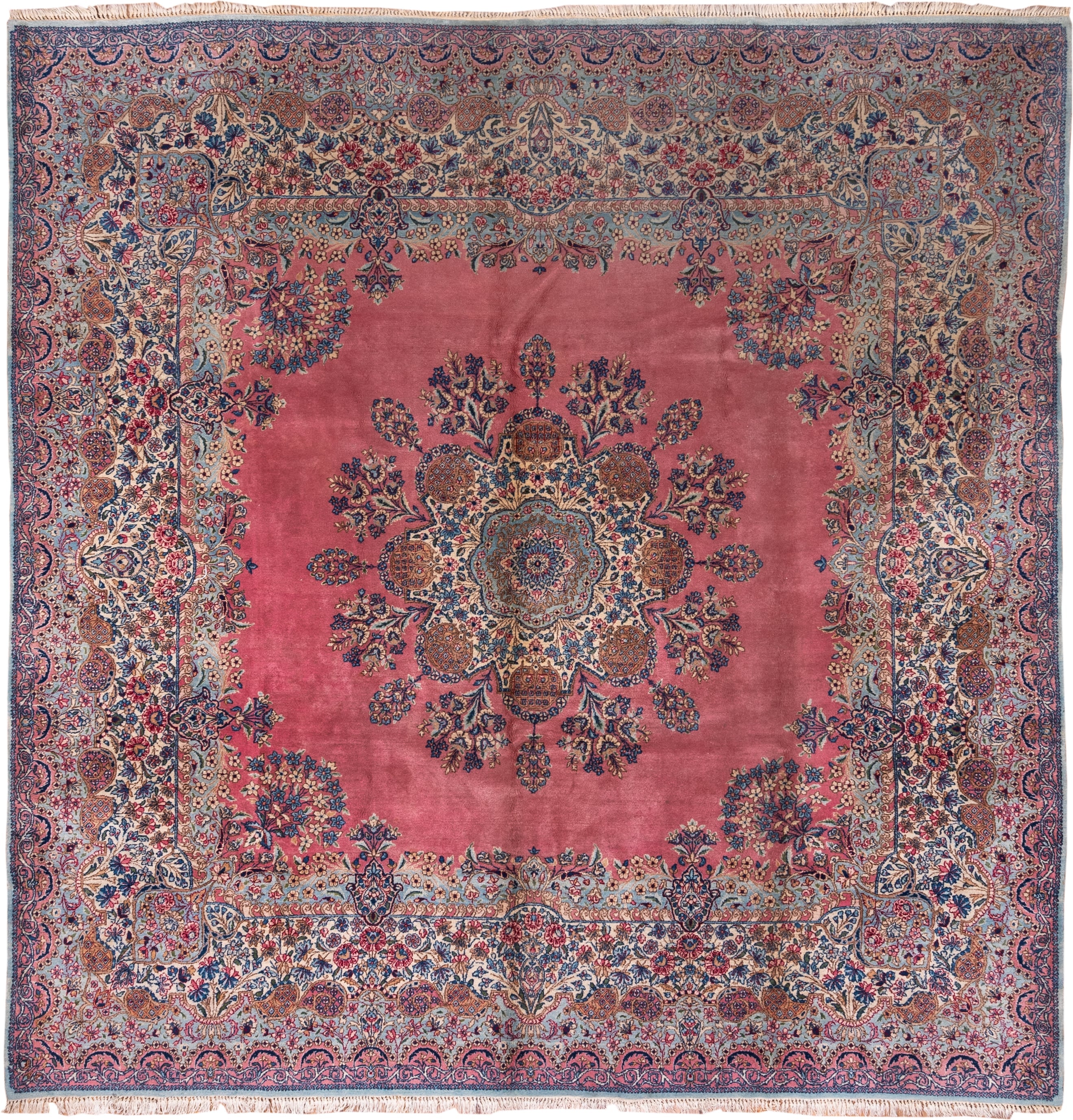 9' x 10' one-of-a-kind handmade antique Kerman large size rug. Color palette: rose, ivory, powder blue, navy, dusty pink